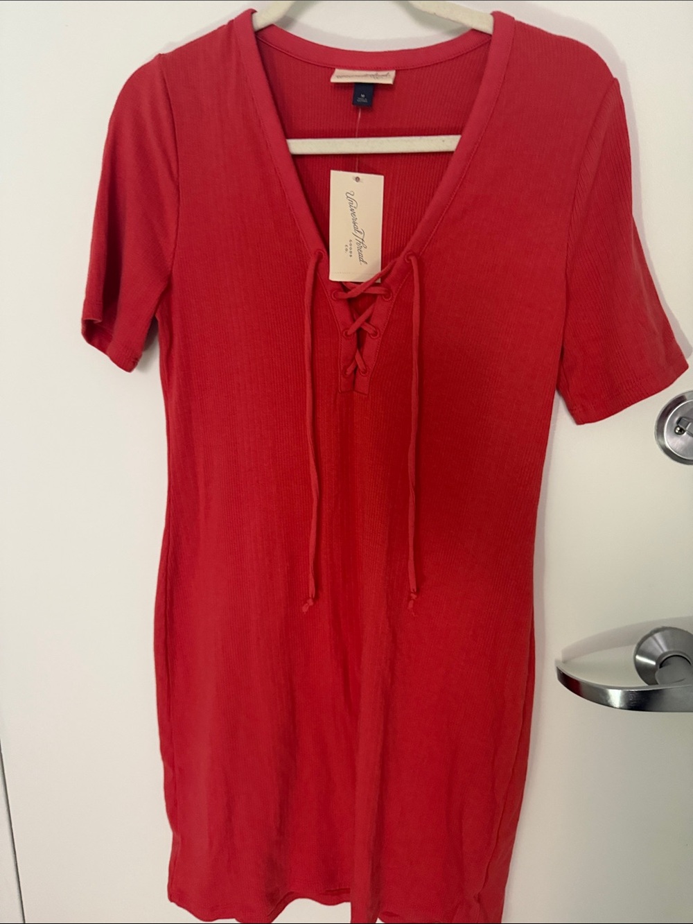 Universal Thread Red Lace-Up Ribbed T-Shirt Dress